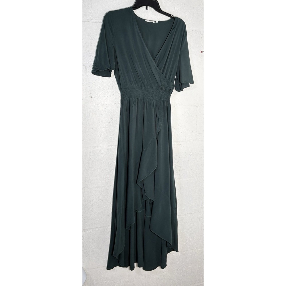 Kormei Womens L Green Dress V-neck Flowy Hi Low Maxi Dress Flutter Sleeve Boho *
